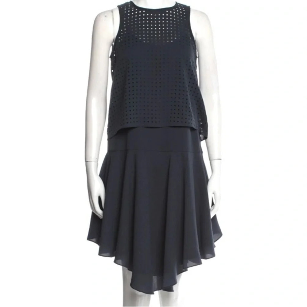 Tibi A Line Sleeveless Dress Split Back Perforated Overlay Blue